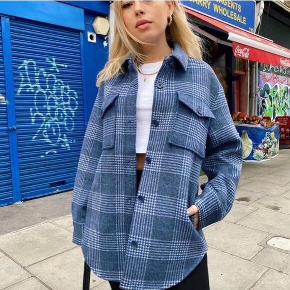 Reformation Giles Plaid Wool Shirt Jacket / Blue / M - Picture 1 of 16